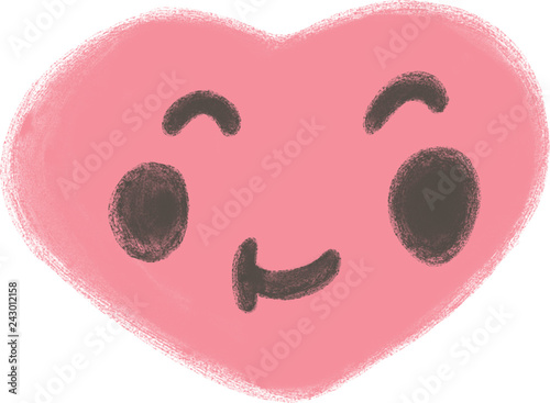 Fall in love. Smiling pink heart shape and symbol for valentines day. Heart Funny logo. Close your eyes from pleasure. Sketch illustration. Oil pastel crayon.