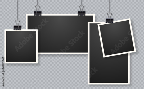 Set of photo frames. Blank photo frame set hanging on a clip. 