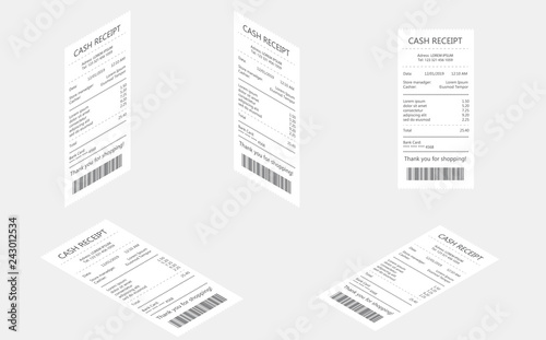 Cash register sales receipts printed on thermal rolled paper realistic samples