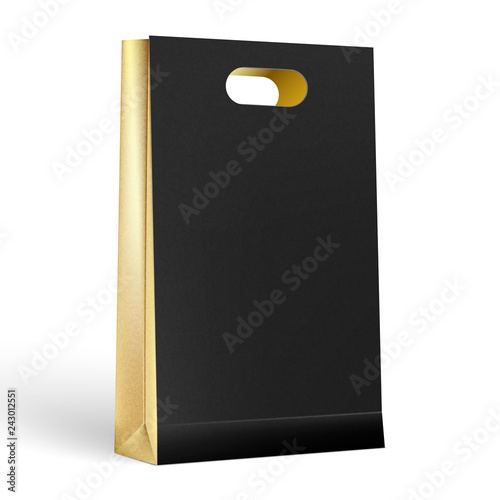 3d realistic vector illustration of white paper shopping bag. Blank paper package with texture. Luxury, festive carton package.