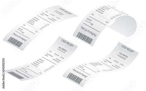 Cash register sales receipts printed on thermal rolled paper realistic samples