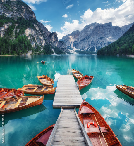 Lago di Braers lake, Dolomite Alps, Italy. Boats on the lake. Landscape in the Dolomite Alps, Italy. Pragser Wildsee - Image
