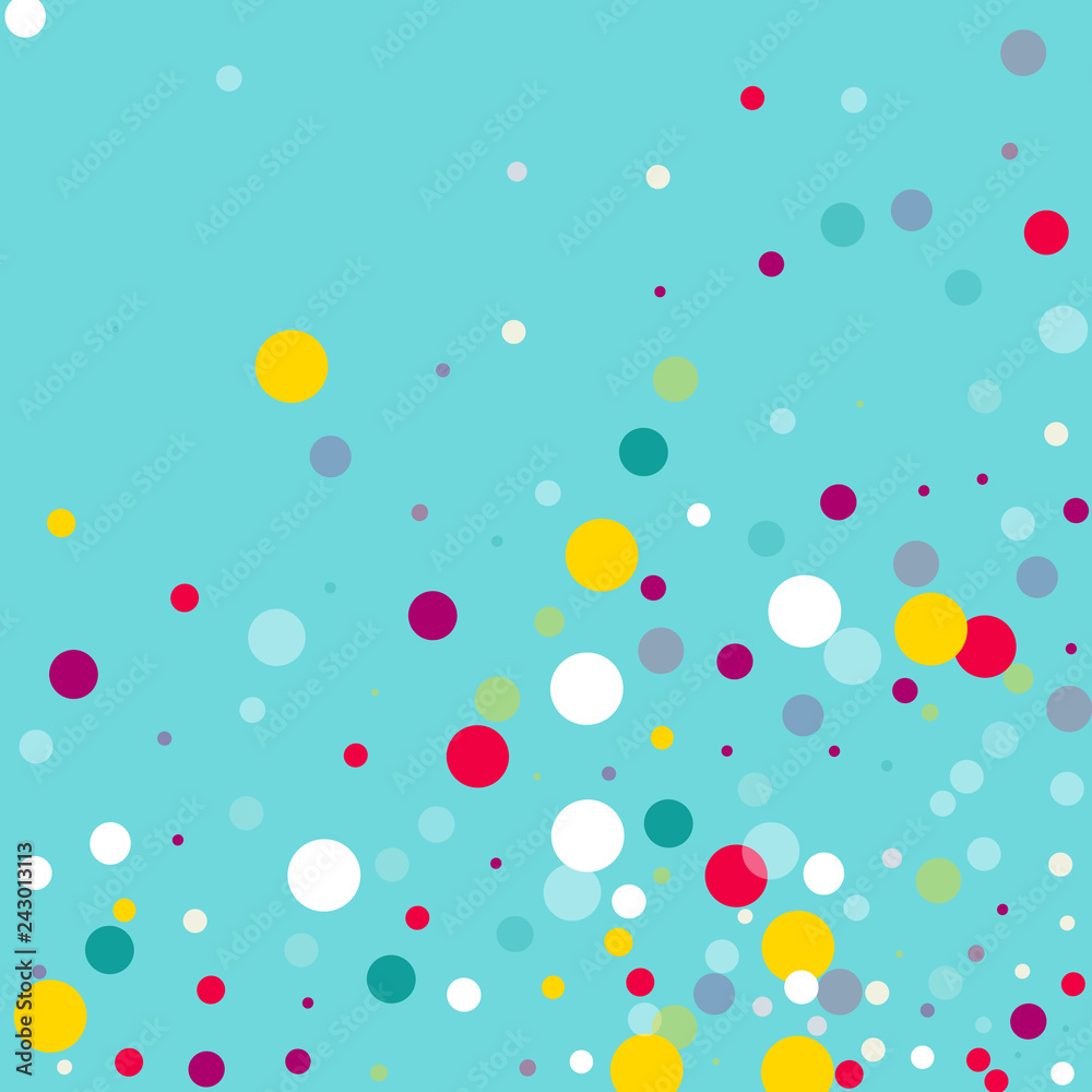 Flying multicolored confetti on a blue background. Red, pink, blue, yellow circles. Flying multicolored confetti on a blue background. Red, pink, blue, yellow circles.