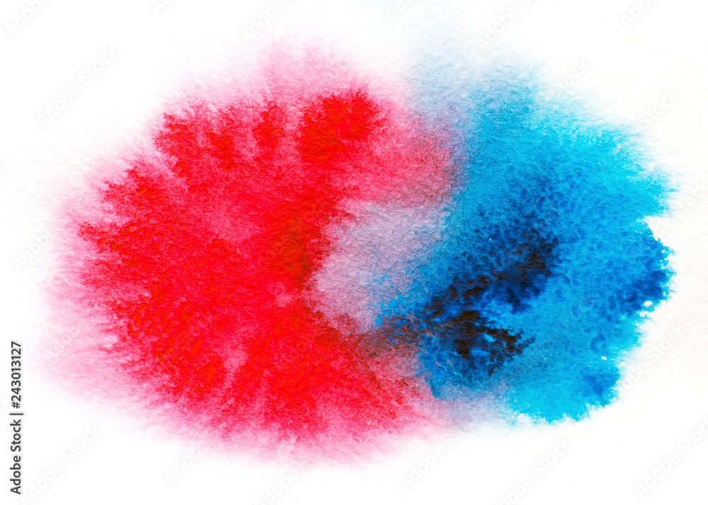 Red and blue watercolor stain on a white background. Element for design, decoration. Bright background from color paints.