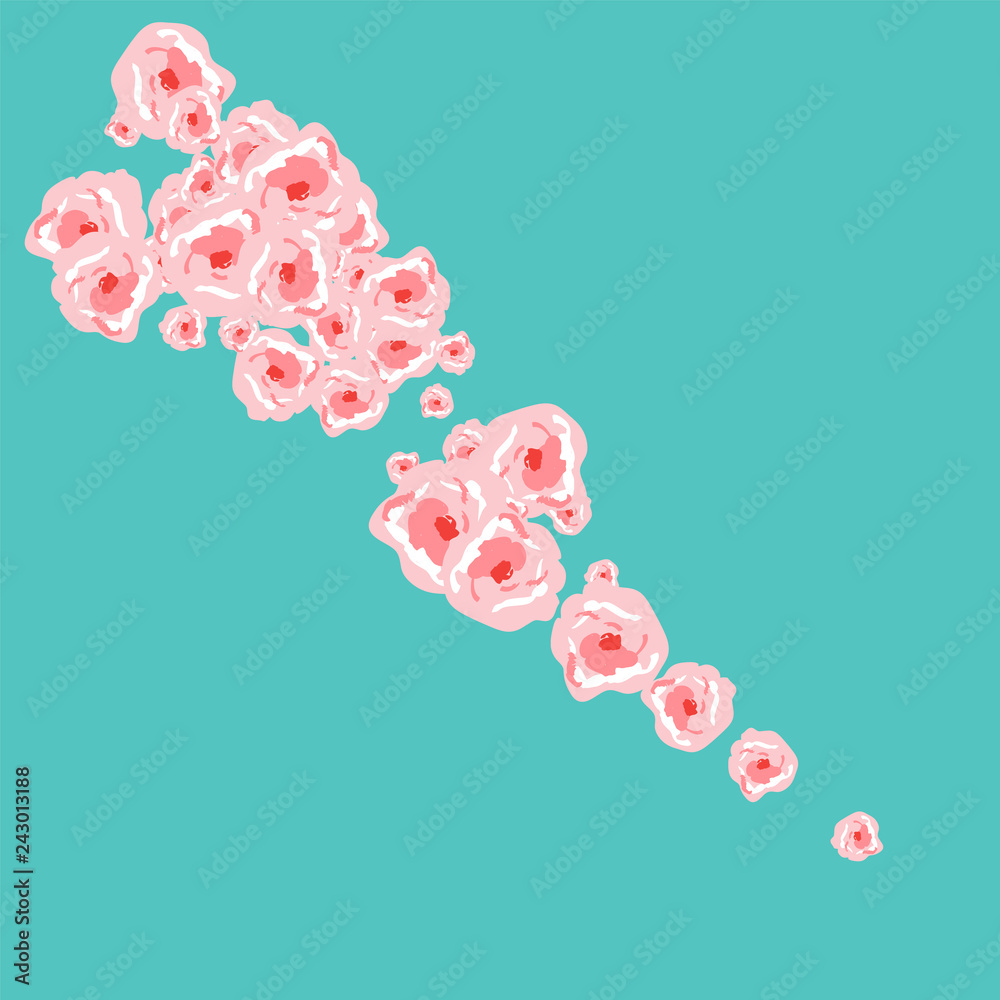 Fototapeta premium Plakat kwiatowy lato z różowymi różami na niebieskim tle. Romantyczny Tło Z Róż Na ślub I Powitanie Na Walentynki.