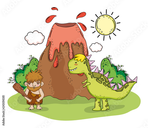 primitive man with tyrannosaurus animal and volcano