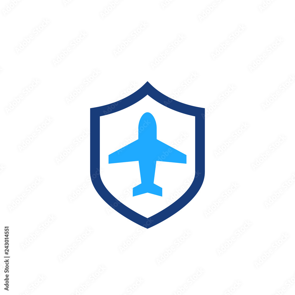 Travel insurance vector icon with shield and airplane