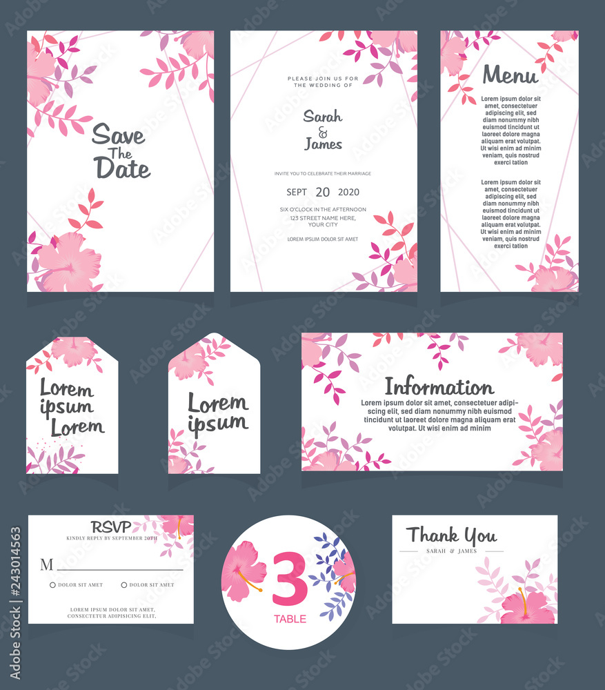 Fototapeta premium Wedding invitation card template. Wedding invitation, thank you, save the date, menu, information, RSVP, label, table number and place card design