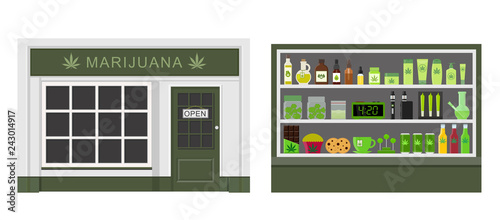 Marijuana store. Marijuana equipment and accessories for smoking, storing medical cannabis. Cannabis products. Marijuana Legalization. Isolated vector illustration.