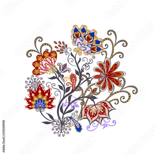 Bouquet of fantastic flowers. Background in ethnic traditional style.