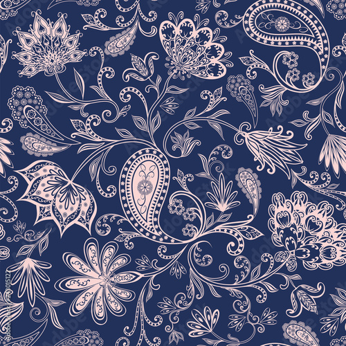 Abstract vintage pattern with decorative flowers, leaves and Paisley pattern in Oriental style.