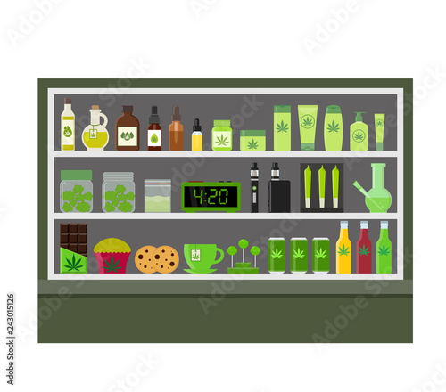 Marijuana store. Marijuana equipment and accessories for smoking, storing medical cannabis. Cannabis products. Marijuana Legalization. Isolated vector illustration.