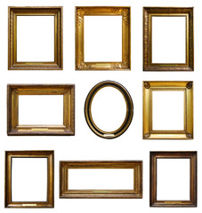 Set of three vintage golden baroque wooden frames on isolated background
