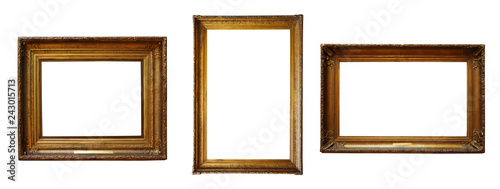 Set of three vintage golden baroque wooden frames on  isolated background