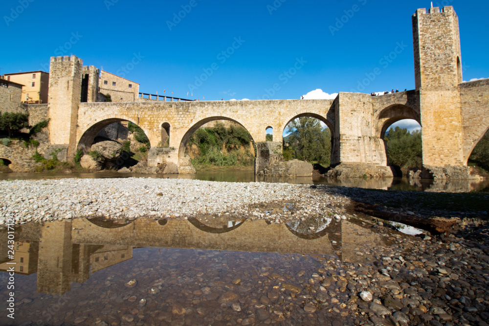 Seven-span defensive bridge, built by the Romans in the XI-XII centuries. in Besalu, Spain