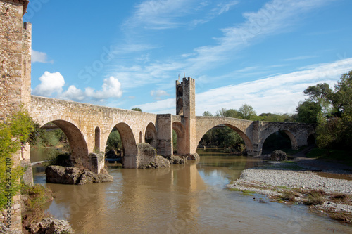 Seven-span defensive bridge, built by the Romans in the XI-XII centuries. in Besalu, Spain