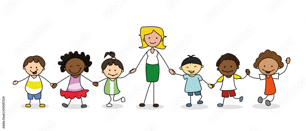 kids in kindergarten, group of children with female educator holding hands kids in kindergarten, group of children with female educator holding hands