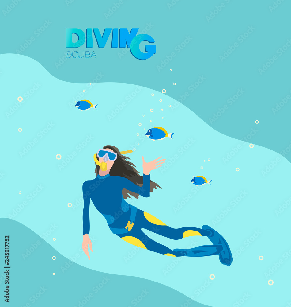 Girl scuba diver and tropical fish. A poster with the inscription. Young woman in a diving suit and fins swimming underwater against the background of the sea wave. Girl scuba diver and tropical fish. A poster with the inscription. Young woman in a diving suit and fins swimming underwater against the background of the sea wave.