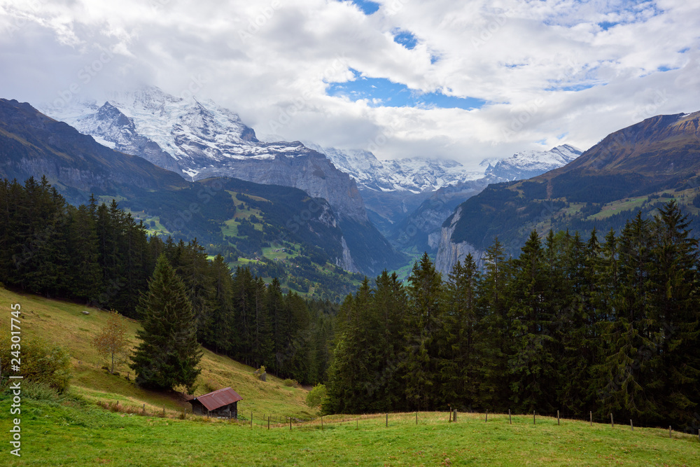 Beautiful Lauterbrunnen valley view from hillside near Wengen village in Switzerland.