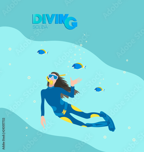 Girl scuba diver and tropical fish. A poster with the inscription. Young woman in a diving suit and fins swimming underwater against the background of the sea wave.