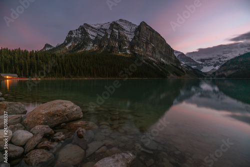 Long exposure photography of purple sky during sunset at Lake Louise, Alberta, Canada