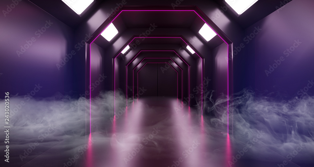 Sci Fi Alien Ship Modern Futuristic Purple Pink red Stripes Neon Lights Metal Empty Fog Smoke Corridor Tunnel With White Lights Background 3D Rendering