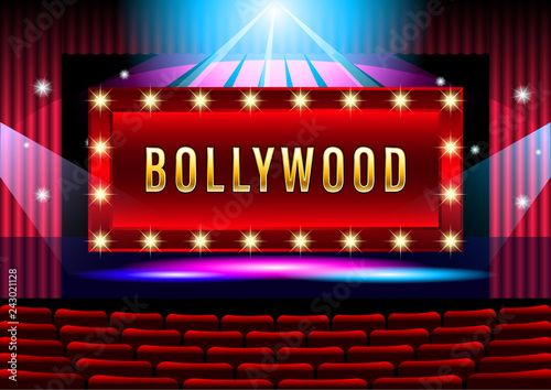 Realistic Theater stage with red curtain banner Bollywood.