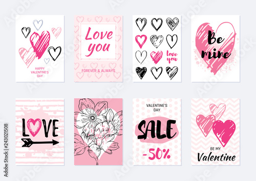 Valentine s day card design set. Poster with heart, sakura flower, slogan. Vector illustration for greeting gift tag, t shirt print. Trendy hand drawn doodle style, cool flyer template, white isolated
