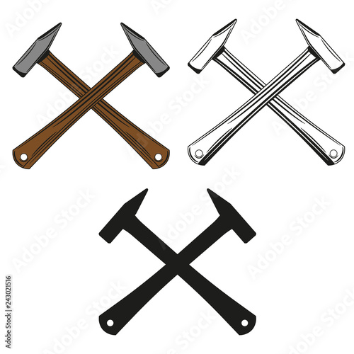 Set of crossed hammer icon in monochrome, color and black style. Vector illustration.