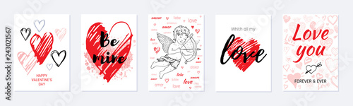 Valentine s day card design set. Poster with hearts, cute cupid, slogan. Vector illustration for greeting gift tag, t shirt print. Trendy hand drawn doodle style, cool flyer template isolated on white