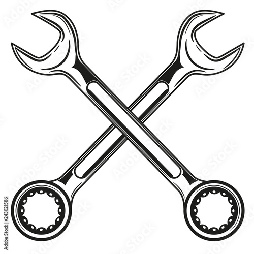 Vintage crossed wrench (spanner) icon in monochrome style, simple shape, for graphic design of logo, emblem, symbol, sign isolated on white background. Vector illustration.