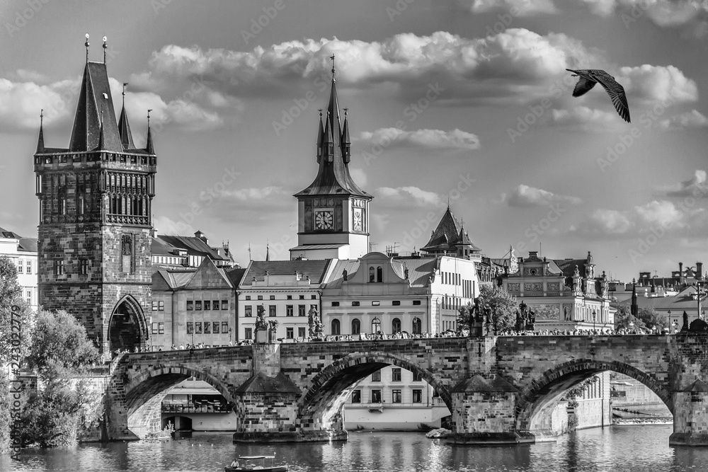 Charles Bridge in Prague, black and white postcard style