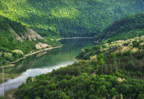 canyon of the picturesque river. spring morning in national park