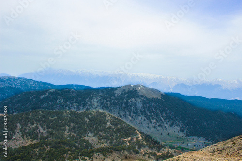 beautiful mountain landscape with sea view blue sky in the clouds and light haze. The Lycian way. Turkey