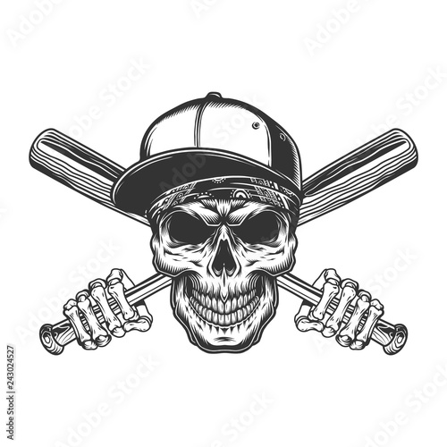 Vintage gangster skull in baseball cap