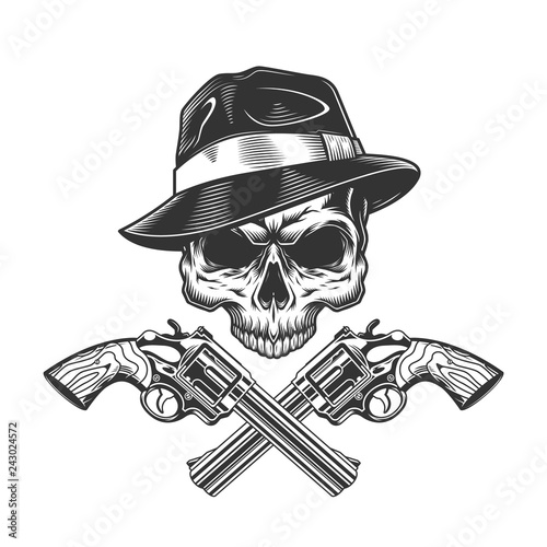 Vintage monochrome gangster skull without jaw