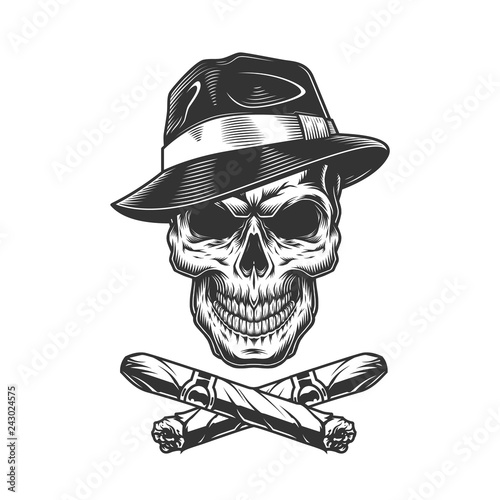 Vintage gangster skull in fedora hat