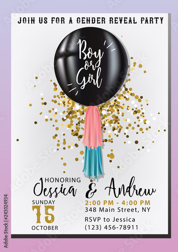 Gender reveal party invitation with balloon