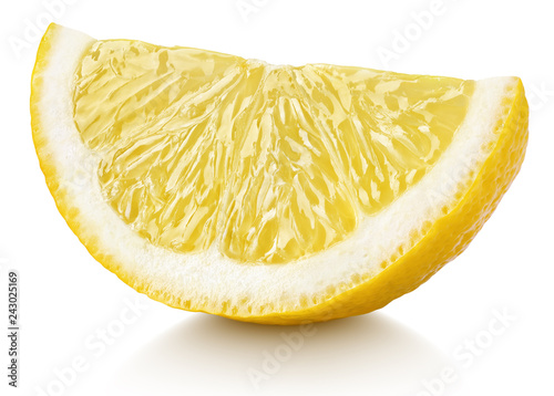 Ripe slice of yellow lemon citrus fruit isolated on white background with clipping path. Full depth of field.