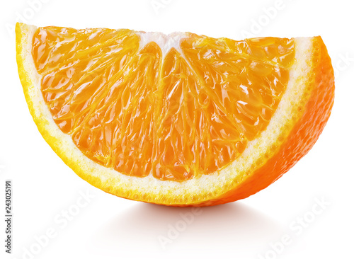 Sweet slice of orange citrus fruit isolated on white background with clipping path. Full depth of field.