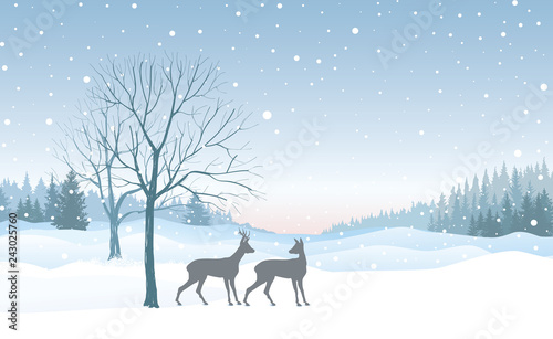 Christmas background. Snow winter landscape skyline with deers. Retro Merry Christmas wallpaper design.