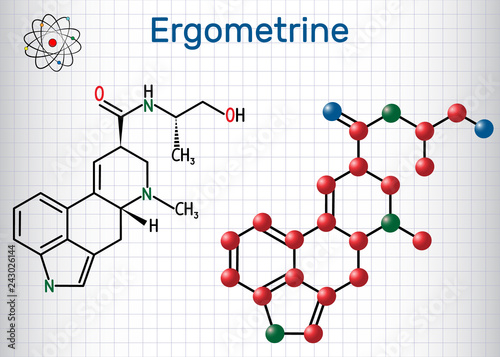 Ergometrine drug molecule. Sheet of paper in a cage. Structural chemical formula and molecule model.