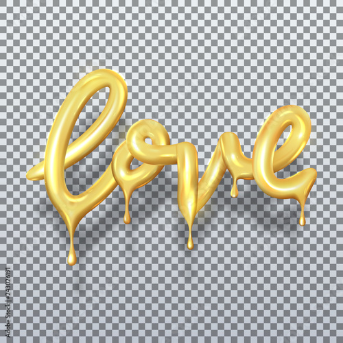 Golden realistic dripping word love. Vector illustration with 3d golden dripping letters. Holiday symbol with sparkling texture for Valentine's day festive card or holiday banner design.