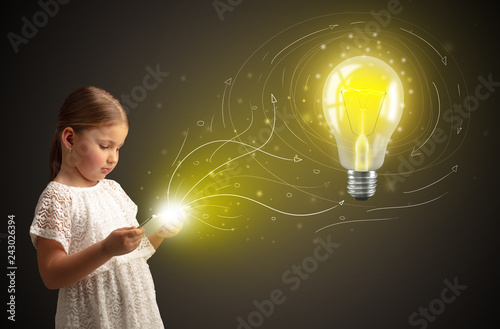 Adorable girl working on tablet with new idea concept

