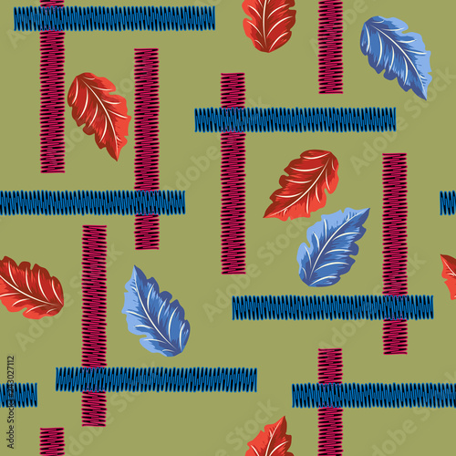 Seamless background with colorful leaves and geometric shapes. Design for cloth, wallpaper, gift wrapping. Print for silk, calico and home textiles. Vintage natural pattern