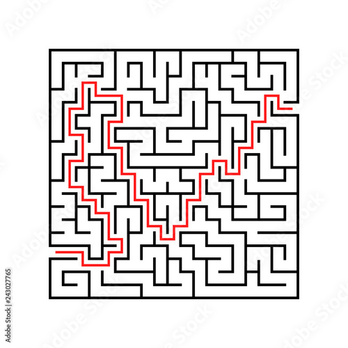 Abstract square maze. Game for kids. Puzzle for children. One entrance, one exit. Labyrinth conundrum. Flat vector illustration isolated on white background. With answer.