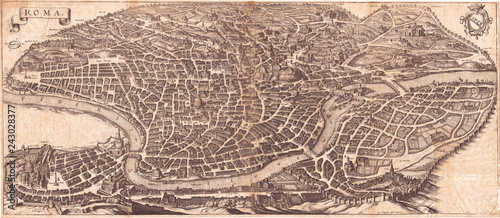 1652, Merian Panoramic View or Map of Rome, Italy