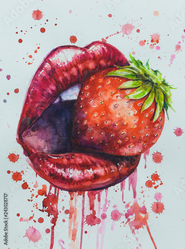 Girls lips with strawberry....