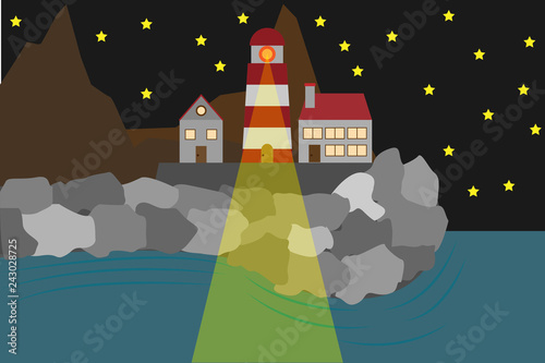 Faro iluminado por la noche.