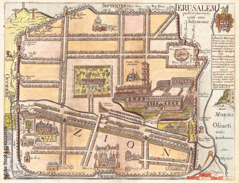 1650, Fuller Map of Jerusalem, Israel, Palestine, Holy Land
